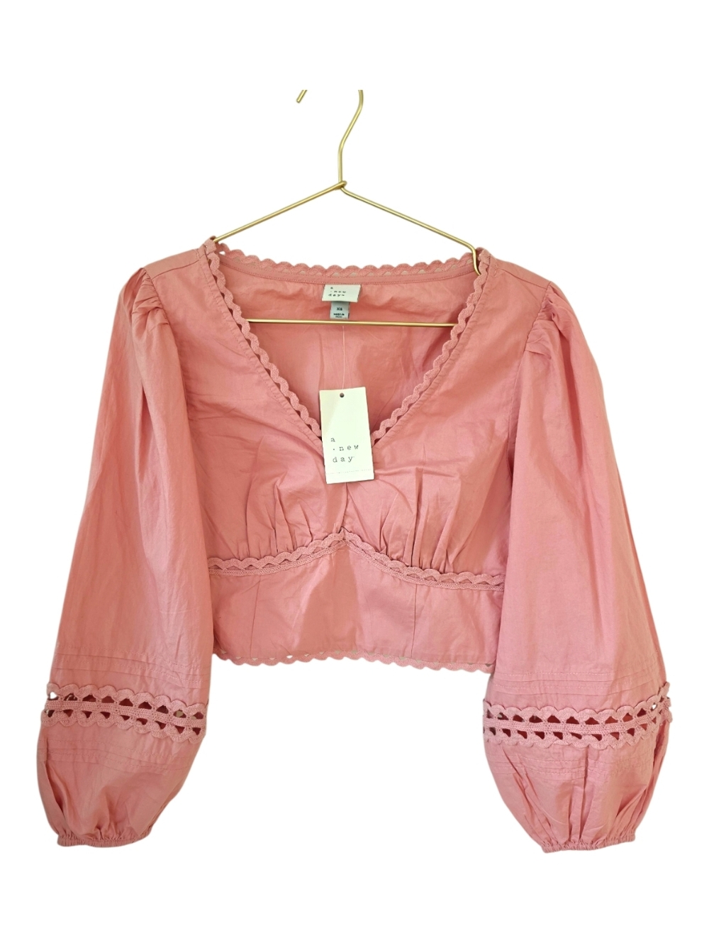 A New Day Crop Pink Eyelet Detail Long Sleeve Top XS NWT